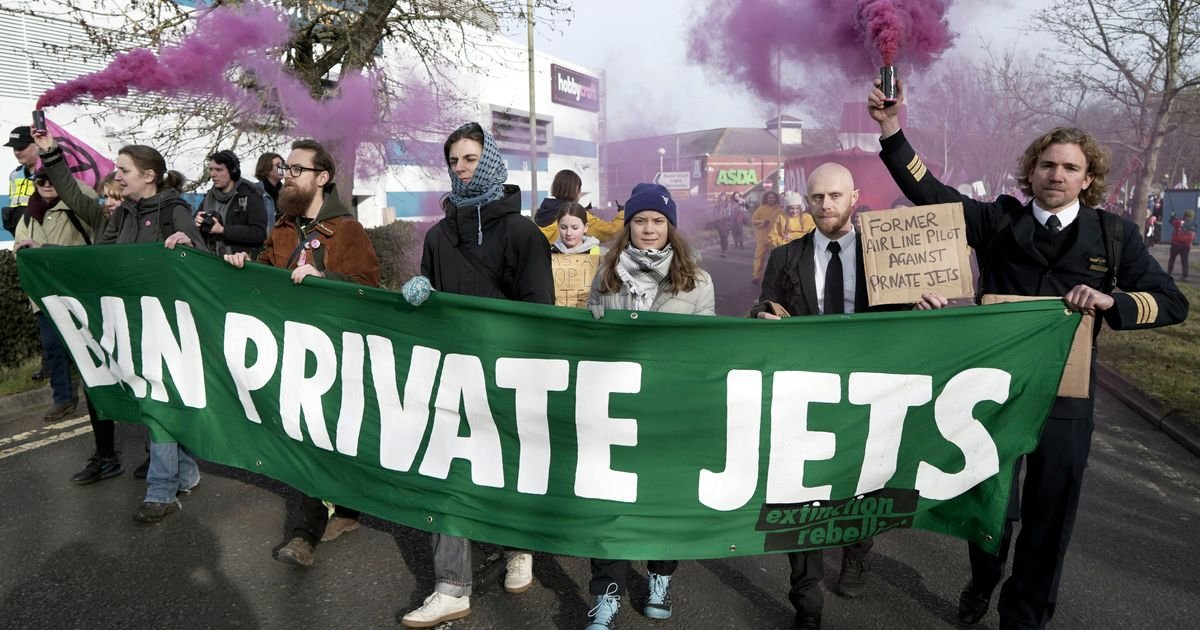 Hundreds of protesters, including Greta Thunberg, take to the streets in England to rally against the expansion of an airport solely dedicated to private planes.